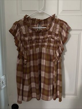 Free People - Plaid Ruffle Sleeve Smocked Yoke Top -